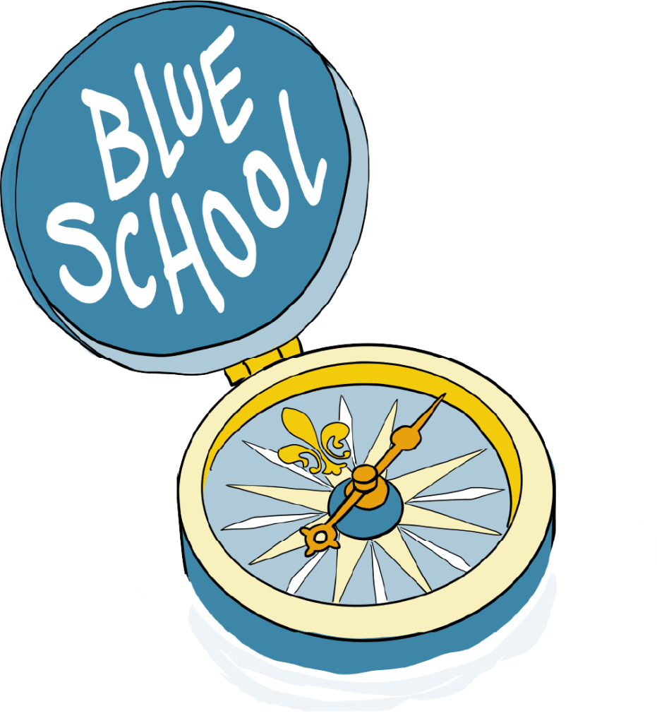 Een grafische weergave van een kompas met het Blue School-logo, symboliserend richting en visie binnen het Blue Schools-programma.
